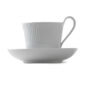 Royal Copenhagen White Fluted Half Lace Cup and Saucer shown on table | Kneen & Co