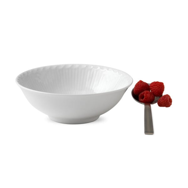 Royal Copenhagen White Fluted Half Lace Cereal Bowl shown on table | Kneen & Co