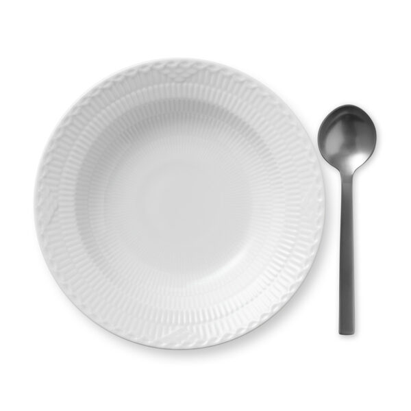 Royal Copenhagen White Fluted Half Lace Deep Plate shown on table | Kneen & Co