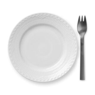 RoyalCopenhagen-1017292-WHITE-FLUTED-HL-PLATE-17CM-01-1200×1200-100KB Royal Copenhagen White Fluted Half Lace Dessert Plate shown on table | Kneen & Co