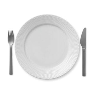 RoyalCopenhagen-1017296-WHITE-FLUTED-HL-PLATE-27CM-01-1200×1200-100KB Royal Copenhagen White Fluted Half Lace Dinner Plate shown on table | Kneen & Co