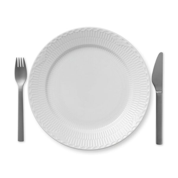 RoyalCopenhagen-1017296-WHITE-FLUTED-HL-PLATE-27CM-01-1200x1200-100KB Royal Copenhagen White Fluted Half Lace Dinner Plate shown on table | Kneen & Co