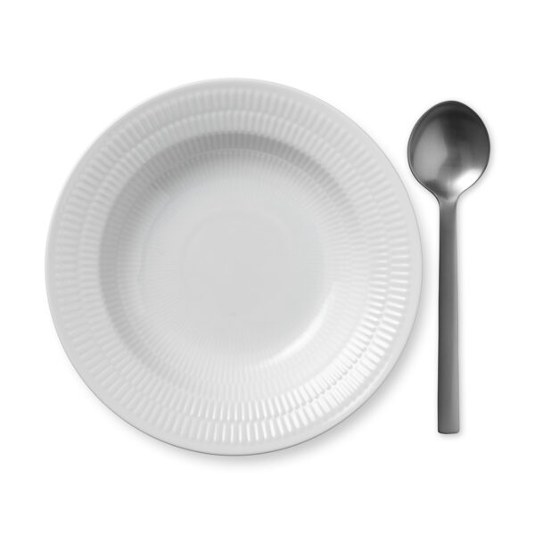 RoyalCopenhagen-1017400-WHITE-FLUTED-PLATE-DEEP-21CM-01-1200x1200-100KB Royal Copenhagen White Fluted Deep Plate shown on table | Kneen & Co