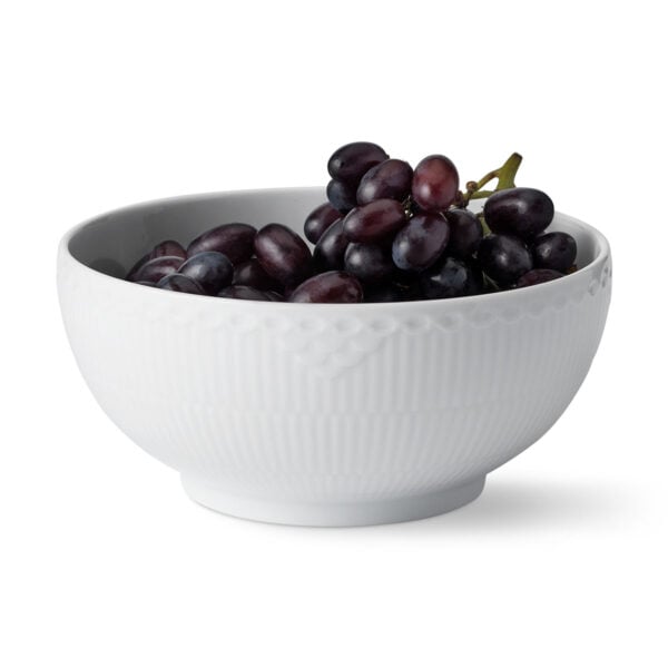 Royal Copenhagen White Fluted Half Lace Serving Bowl shown on table | Kneen & Co