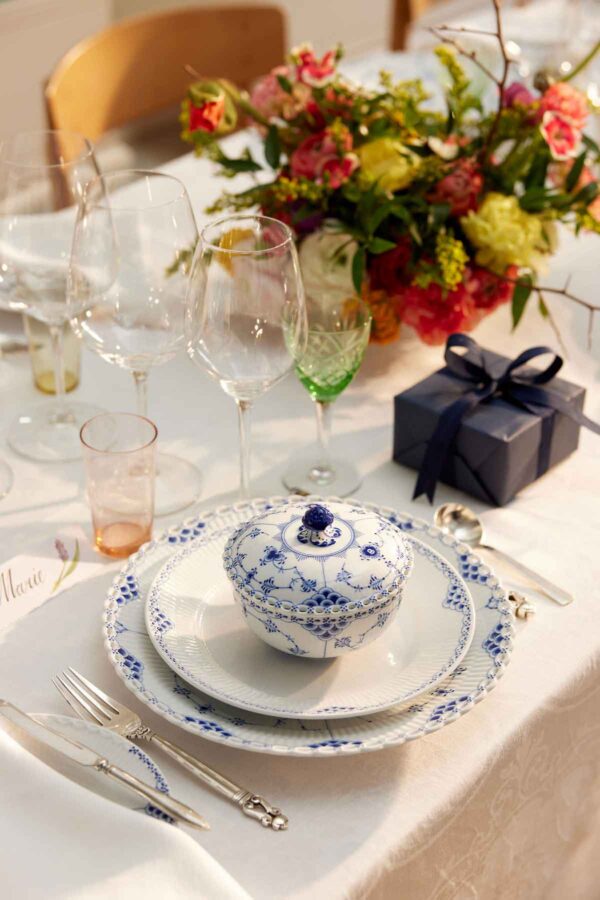 RoyalCopenhagen-Gifting-BlueFlutedFull-Lace-Plate-27cm-Bowl-with-Lid-35cl-Princess-Plate-22cm-1200w-100KB Royal Copenhagen Princess Dinnerware set on table | Kneen & Co