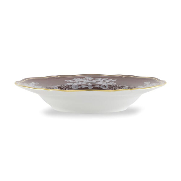 Ginori 1735 Oriente Italiano Castagna Soup Plate shown on table | Kneen & Co