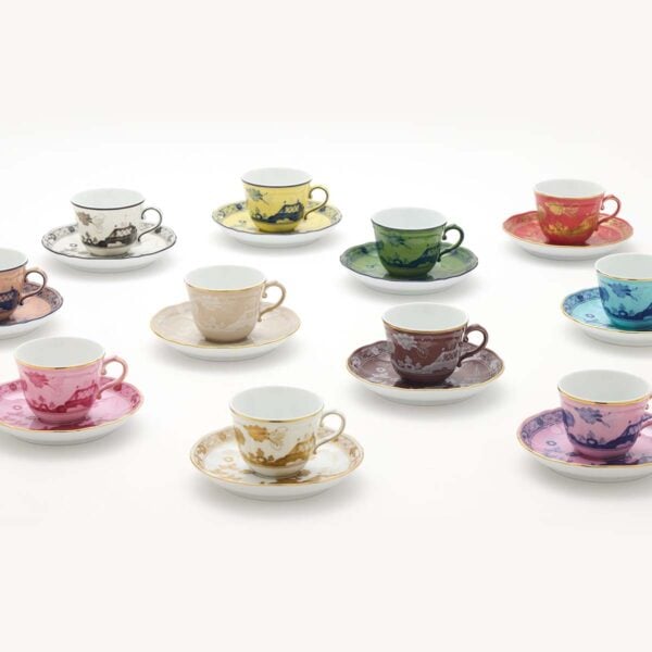 Assorted Ginori 1735 Oriente Italiano tea cups & saucers set on table| Kneen & Co
