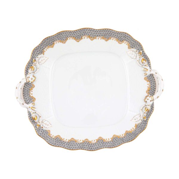 Herend Fish Scale Grey Cake Plate with Handles | Kneen & Co