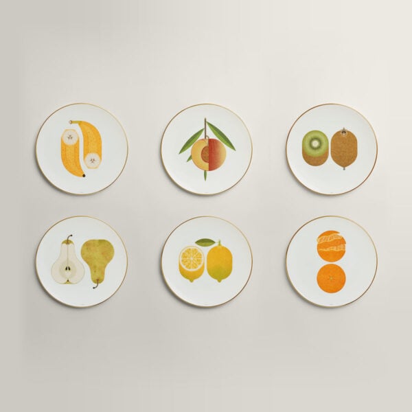 HERMES-KAORUMI-DNRWR-061947P-front-wm-1-1200x1200-100KB Hermès Kaorumi Dessert Plates Yellow – Set of 6 | Kneen & Co