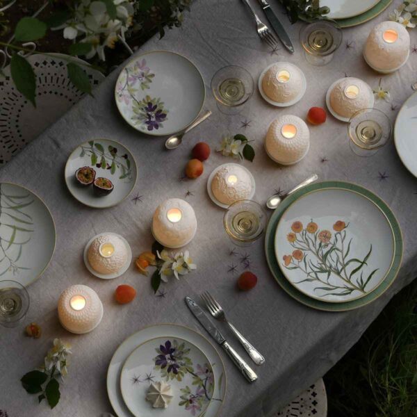 Bernardaud Votive Lights set on evening table | Kneen & Co