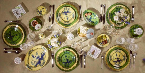 GINORI-NM-00302-1200w-100KB Ginori 1735 Oriente Italiano assorted dinnerware set on table | Kneen & Co