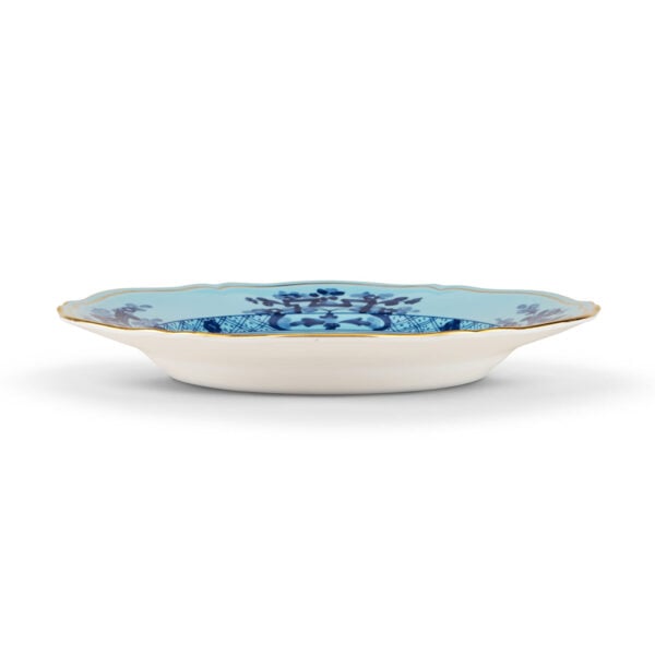 GINORI-OrienteItal-IRIS-003RG00-FPT110010265G00124300-3-1200x1200-100KB Ginori 1735 Oriente Italiano Iris Flat Dinner Plate shown on table | Kneen & Co