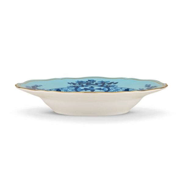Ginori 1735 Oriente Italiano Iris Soup Plate shown on table | Kneen & Co