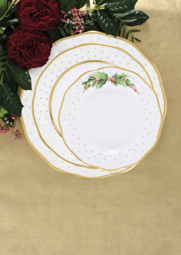 Herend Winter Shimmer Dinnerware stacked and set on table | Kneen & Co