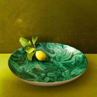 LOBJET-Dinnerware-CCGreen-MalachitePlatter-005-v2-1200w-100KB L'objet Malachite Dinnerware set on table | Kneen & Co