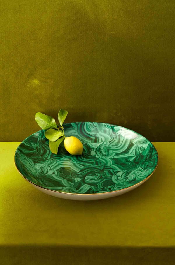 LOBJET-Dinnerware-CCGreen-MalachitePlatter-005-v2-1200w-100KB L'objet Malachite Dinnerware set on table | Kneen & Co