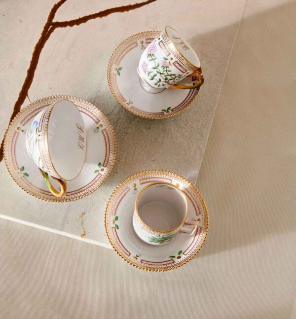 RC-FloraDanica-Bespoke-Cup-a-Saucer-Tea-22cl-Viola-Tricolor-var-Arenaria-SondChocolate-18cl-Polygala-L-Coffee-17cl-Campanula-Rapunculs-1200w-100KB Royal Copenhagen Flora Danica Collection mood image | Kneen & Co