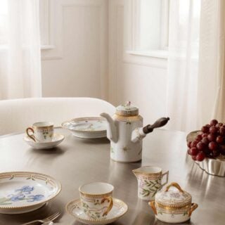 RC-FloraDanica-Coffee-Pot-70cl-Sugar-Bowl-with-Lid-10cl-Cup+Saucer-17cl-Cream-Jug-12cl-Plate-22cm-1200w-100KB Royal Copenhagen Flora Danica Collection mood image | Kneen & Co