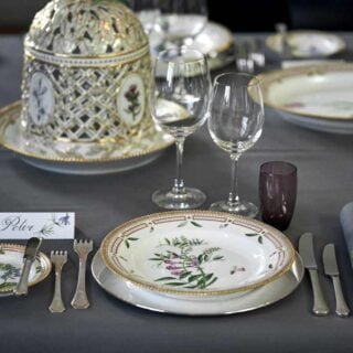 RC-FloraDanica-Plate-25cm-Plate-14cm-Ice-Bell+Stand-28cm-1200w-100KB Royal Copenhagen Flora Danica Collection mood image | Kneen & Co
