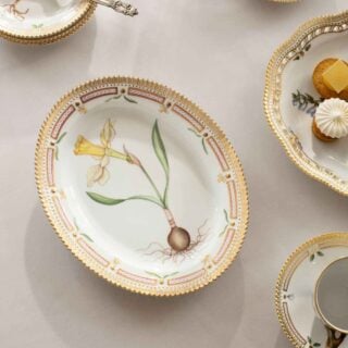 RC-FloraDanica-S1-23-Oval-Dish-24pt5cm-Cup+Saucer-17cl-Plate-15cm-Oval-Dish-Lace-Border-27cm-1200w-100KB Royal Copenhagen Flora Danica Collection mood image | Kneen & Co