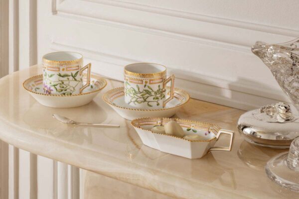 RC-FloraDanica-S1-24-Cup+SaucerChocolate-18cl-2PK-Dish-Oblong-16cm-1200w-100KB Royal Copenhagen Flora Danica Collection mood image | Kneen & Co