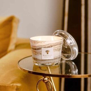 BAOBAB-Dome-Lifestyle-1200w-100KB Golden interior setting with Baobab Collection candle in marbled glass with matching clear dome | Kneen & Co