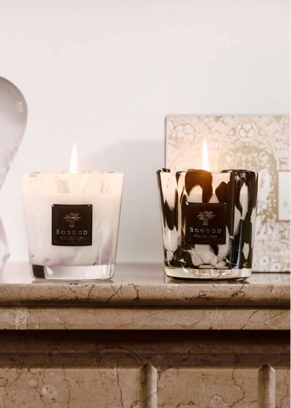 BAOBAB-Image-2-16-26-at-7pt28 PM-1200w-100KB Elegant display with Baobab Black and White Pearls Candle Duo in clear and marbled hand-blown glass | Kneen & Co