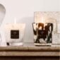 Elegant display with Baobab Black and White Pearls Candle Duo in clear and marbled hand-blown glass | Kneen & Co