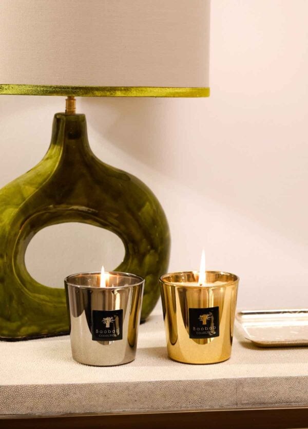 BAOBAB-Image-2-16-26-at-7pt31 PM-1200w-100KB Modern bedside setting with Baobab Aurum and Platinum Les Exclusives Candle Duo in metallic gold and silver glass | Kneen & Co