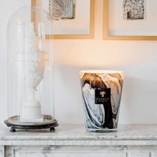 BAOBAB-MAX16SMA-Stones-Marble-Lifestyle-2-1200w-100KB Elegant mantel display with Baobab Collection Stones Marble candle in hand-blown glass grey marble with black strokes edged in beige | Kneen & Co