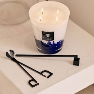 Minimalist indoor setting with Baobab Collection candle accessories and Baobab candle in blue and white glass | Kneen & Co