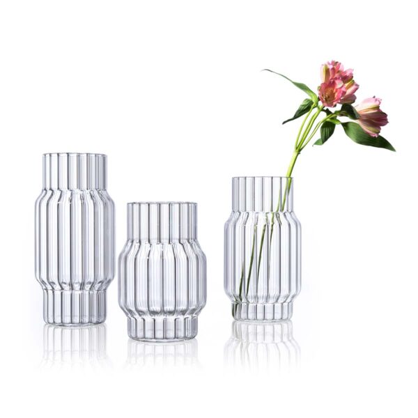 Minimalist white studio background with a trio of Fferrone Albany Vases in fluted borosilicate glass | Kneen & Co