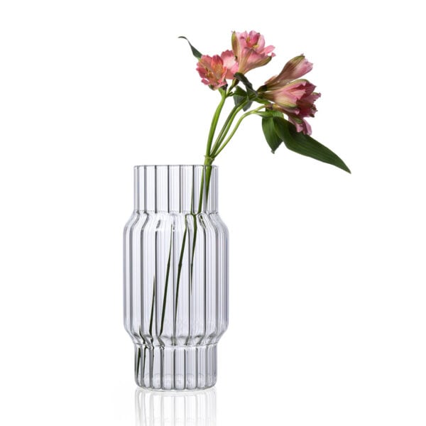 FERRONE-Albany-Large-ALLG01-HR-02-Styled-1200x1200-100KB Minimalist white studio background with Fferrone Albany Large Vase in fluted borosilicate glass | Kneen & Co