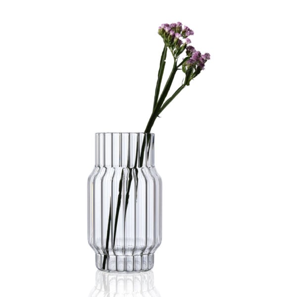 FERRONE-Albany-Medium-ALMD01-HR-02-Styled-1200x1200-100KB Minimalist white studio background with Fferrone Albany Medium Vase in fluted borosilicate glass | Kneen & Co