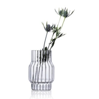 Minimalist white studio background with Fferrone Albany Small Vase in fluted borosilicate glass | Kneen & Co