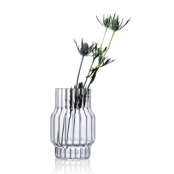 Minimalist white studio background with Fferrone Albany Small Vase in fluted borosilicate glass | Kneen & Co