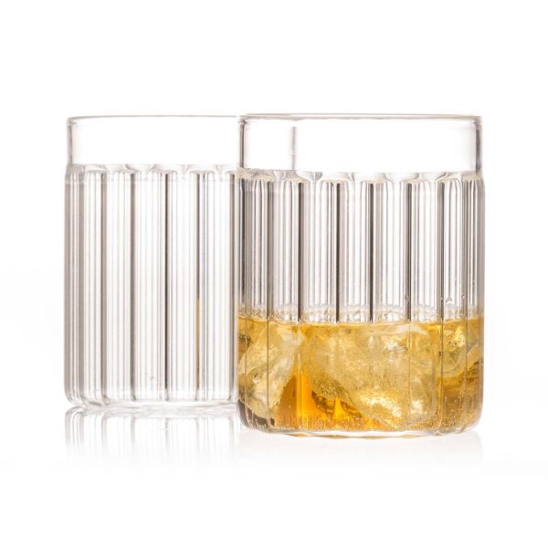 -FERRONE-Bessho-Tumbler-styled-1200X1200-100KB Minimalist white studio background with Fferrone Bessho Tumbler in fluted borosilicate glass | Kneen & Co