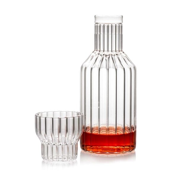 Minimalist white studio background with Fferrone Boyd Decanter and Small Glass in fluted borosilicate glass | Kneen & Co