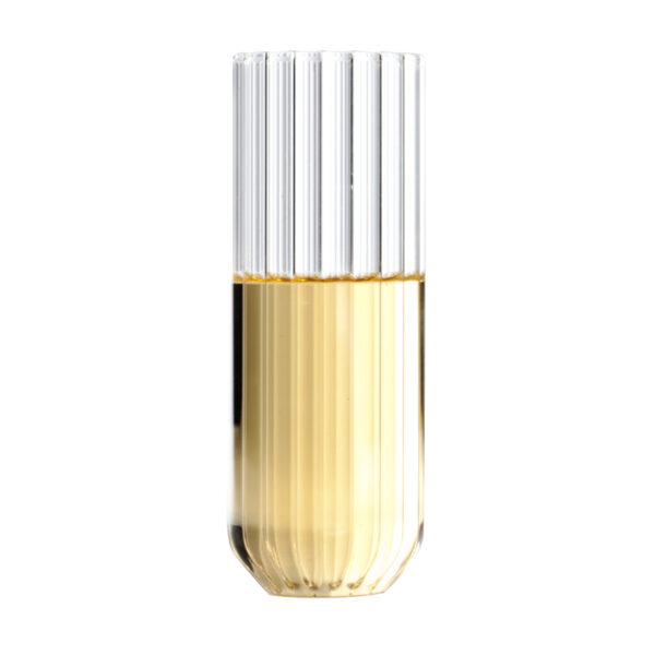 Minimalist white studio background with Fferrone Dearborn Champagne Flute in fluted borosilicate glass with champagne | Kneen & Co