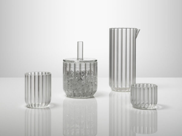 FERRONE-Dearborn-Collection-Ice-Bucket-Group-Styled-01-1200w-100KB Minimalist white studio arrangement of Fferrone Dearborn Glassware in fluted borosilicate glass | Kneen & Co