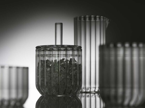 FERRONE-Dearborn-Collection-Ice-Bucket-Styled-1200w-100KB Dramatic moody studio setting with Fferrone Dearborn Ice Bucket in fluted borosilicate glass | Kneen & Co