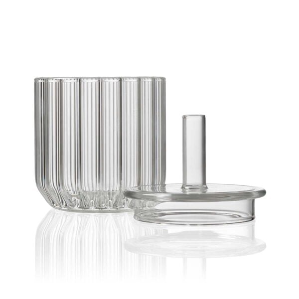 FERRONE-Dearborn-Collection-Ice-Bucket-Unstyled-02-1200x1200-100KB Minimalist white studio background with Fferrone Dearborn Ice Bucket in fluted borosilicate glass with lid off | Kneen & Co