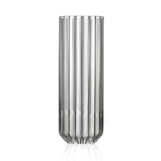 FERRONE-Dearborn-CollinsMedGlass-DBCL-HR-0-1200×1200-100KB Clean white studio background with a Fferrone Dearborn Medium Glass in fluted borosilicate glass featuring a tall, clear ribbed silhouette | Kneen & Co