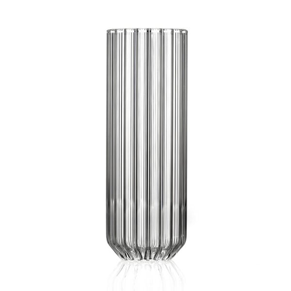 FERRONE-Dearborn-CollinsMedGlass-DBCL-HR-0-1200x1200-100KB Clean white studio background with a Fferrone Dearborn Medium Glass in fluted borosilicate glass featuring a tall, clear ribbed silhouette | Kneen & Co