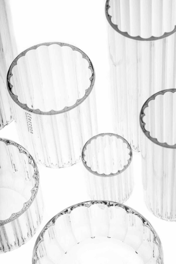 Top-down detail shot of Fferrone Dearborn glassware in fluted borosilicate glass, showcasing various rim diameters and the "fferrone" brand logo | Kneen & Co