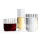 Minimalist white studio background with a trio of Fferrone Dearborn glasses in fluted borosilicate glass, featuring the Wine, Champagne, and Water glasses | Kneen & Co