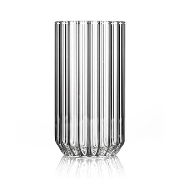 Clean white studio background with Fferrone Dearborn Large Glass in fluted borosilicate glass featuring a wide, clear ribbed texture | Kneen & Co