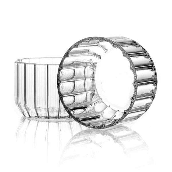 Clean white studio background with Fferrone Dearborn Medium and Large Bowls in fluted borosilicate glass shown in a dynamic stacked and angled composition | Kneen & Co