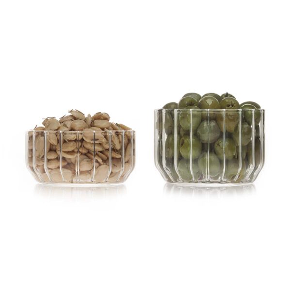 Clean white studio background with Fferrone Dearborn Medium and Large Bowls in fluted borosilicate glass filled with almonds and green olives | Kneen & Co