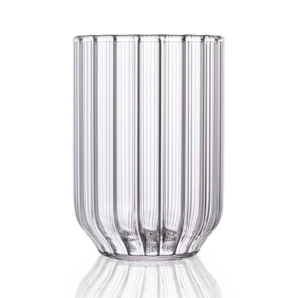 FERRONE-Dearborn-WaterGlass-DBWT-Empty-1200x1200-100KB Minimalist white studio background with Fferrone Dearborn Water Glass in fluted borosilicate glass | Kneen & Co